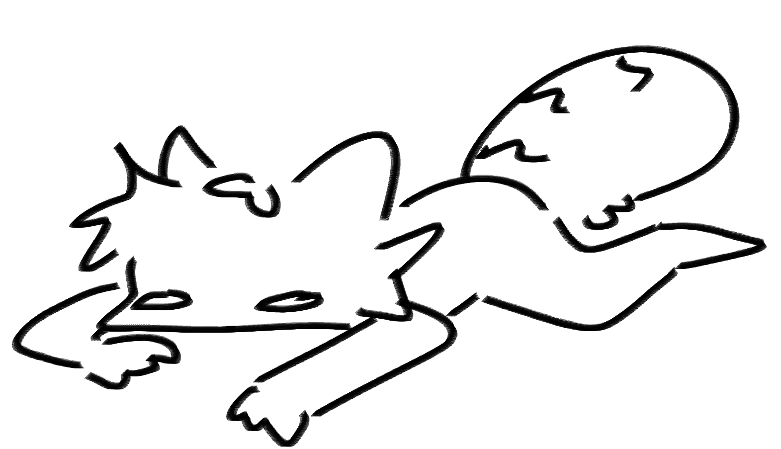 A chibi drawing of Ox's sona, Uda, sprawled on the ground.