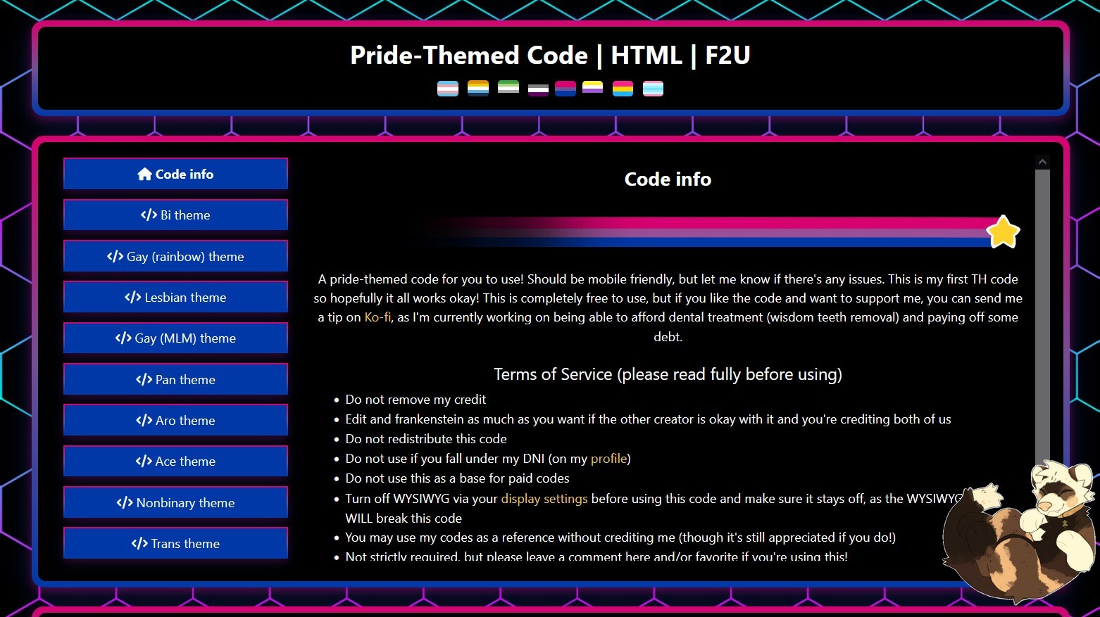 Pride-themed HTML layout for Toyhouse.