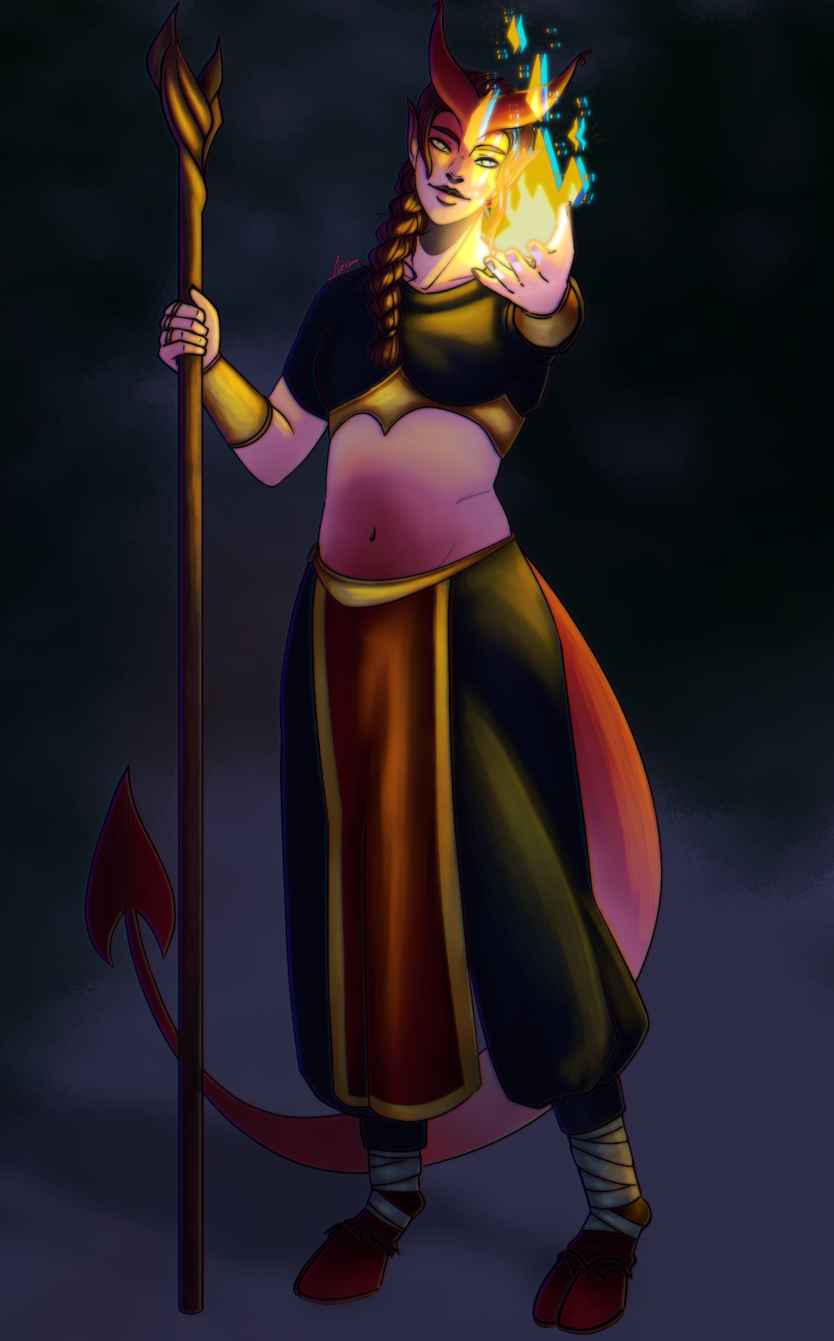 Digital painting of a tiefling woman in black and gold robes. She is smiling at the viewer, holding her hand out with a magical flame bursting from it.