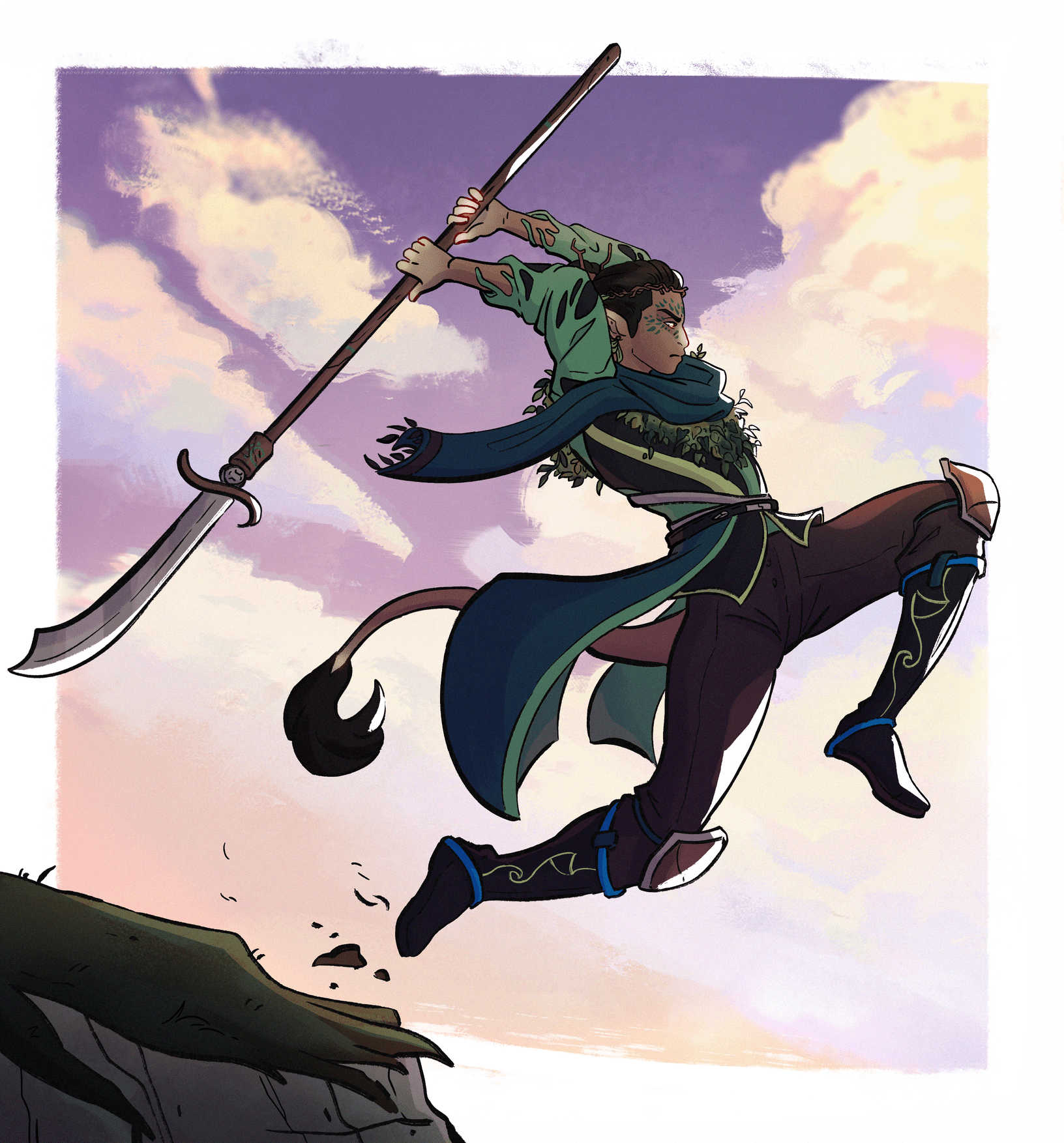 A digital painting of an eladrin elf leaping off a clifftop, glaive held above his head, ready to strike. He is wearing an organic looking cloak, leaf-like chainmail, and a long green scarf.