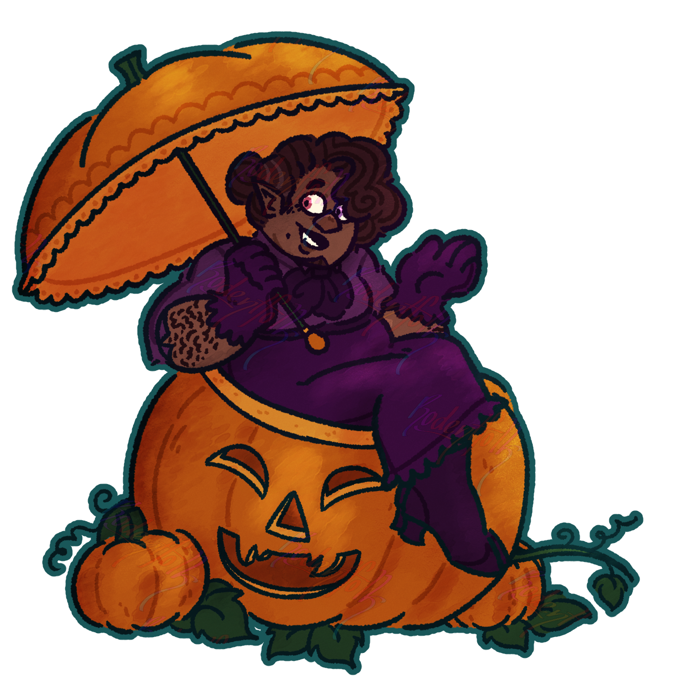 It is an illustration of the artist's character, Rosie. He is sitting in a large carved out pumpkin, while holding a matching parasol in one hand.