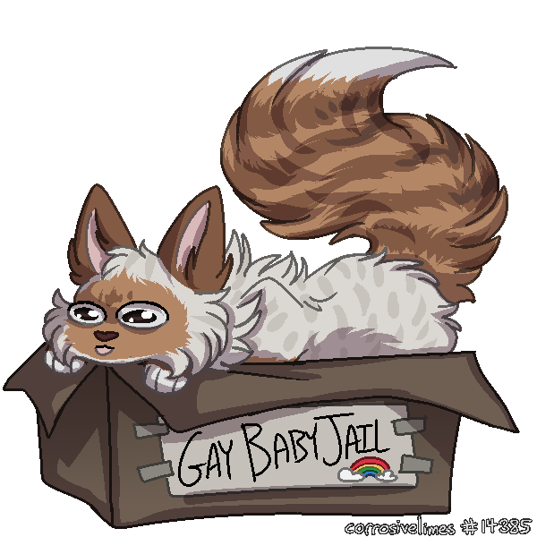 a pixelated cartoon-styled drawing of a cat sitting in a box. the cat is laying down and looking to the left, tail and paws poking out of the cardboard box. the cat has long fur, big shiny eyes, and is sticking its tongue out. the cat is white with faint dark spots and orange points on its tail, face, and ears. the points have darker orange stripes. a sign on the box reads "gay baby jail" in capital letters with a small rainbow underneath it.