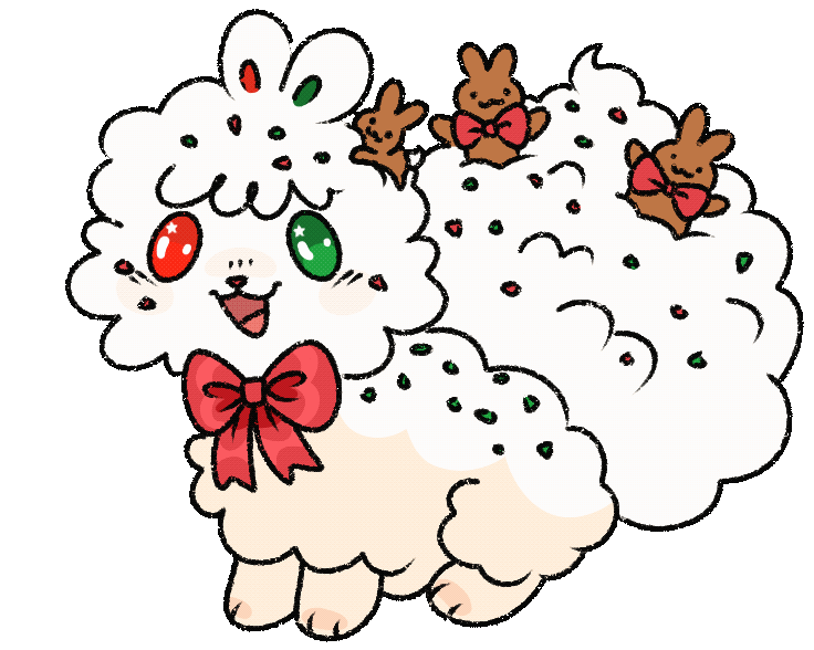 a gif of Snowpuff sitting and facing left, one frame has their eyes wide and mouth open and the other frame has their eyes closed and mouth closed, with hearts popping up next to them, drawn by dozykisses