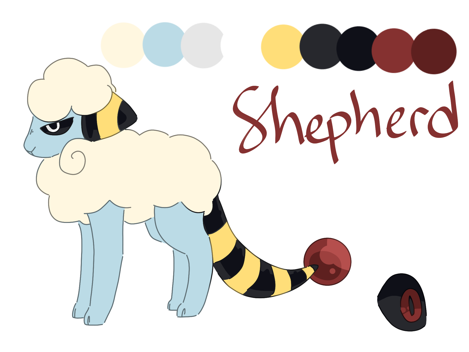 A reference for a Mareep with a red tail, named Shepherd. His eyes become red when angry.