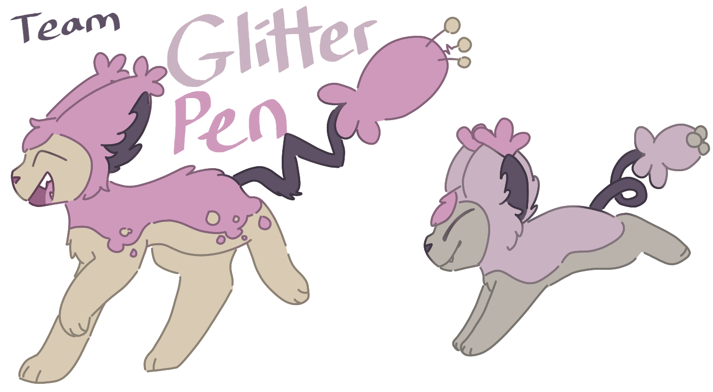 Two Skitty, one with an Azumarill's spots and one with markings that mimic a Spoink. One has a zig-zagging tail, the other's tail is curly and short. They are labelled as "Team Glitter Pen."