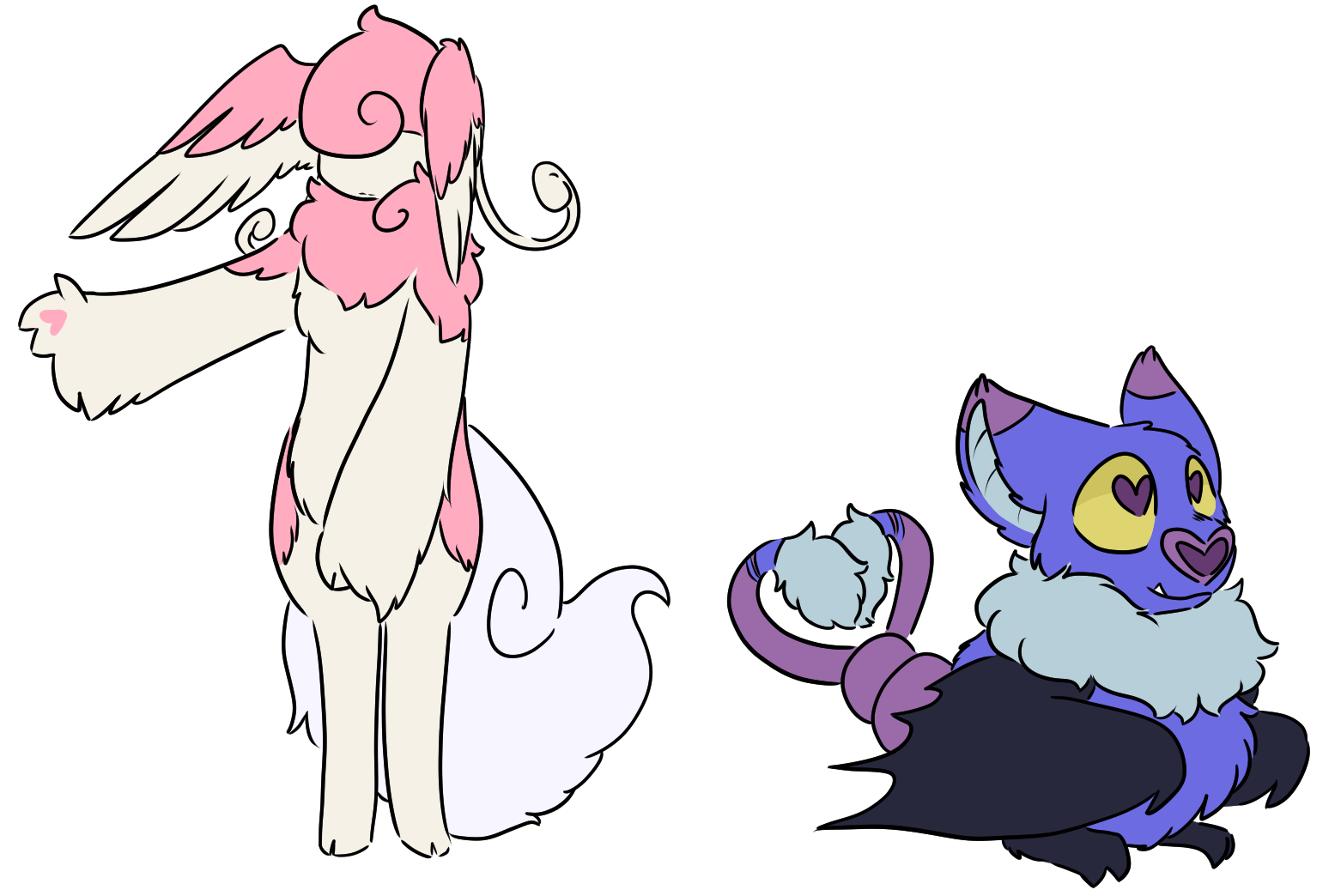 An Audino and a Swoobat, side by side. The Audino's eyes are covered, and it is rather fluffy, while the Swoobat's pupils are replaced by hearts and its tails have tufts similar to a Purugly.
