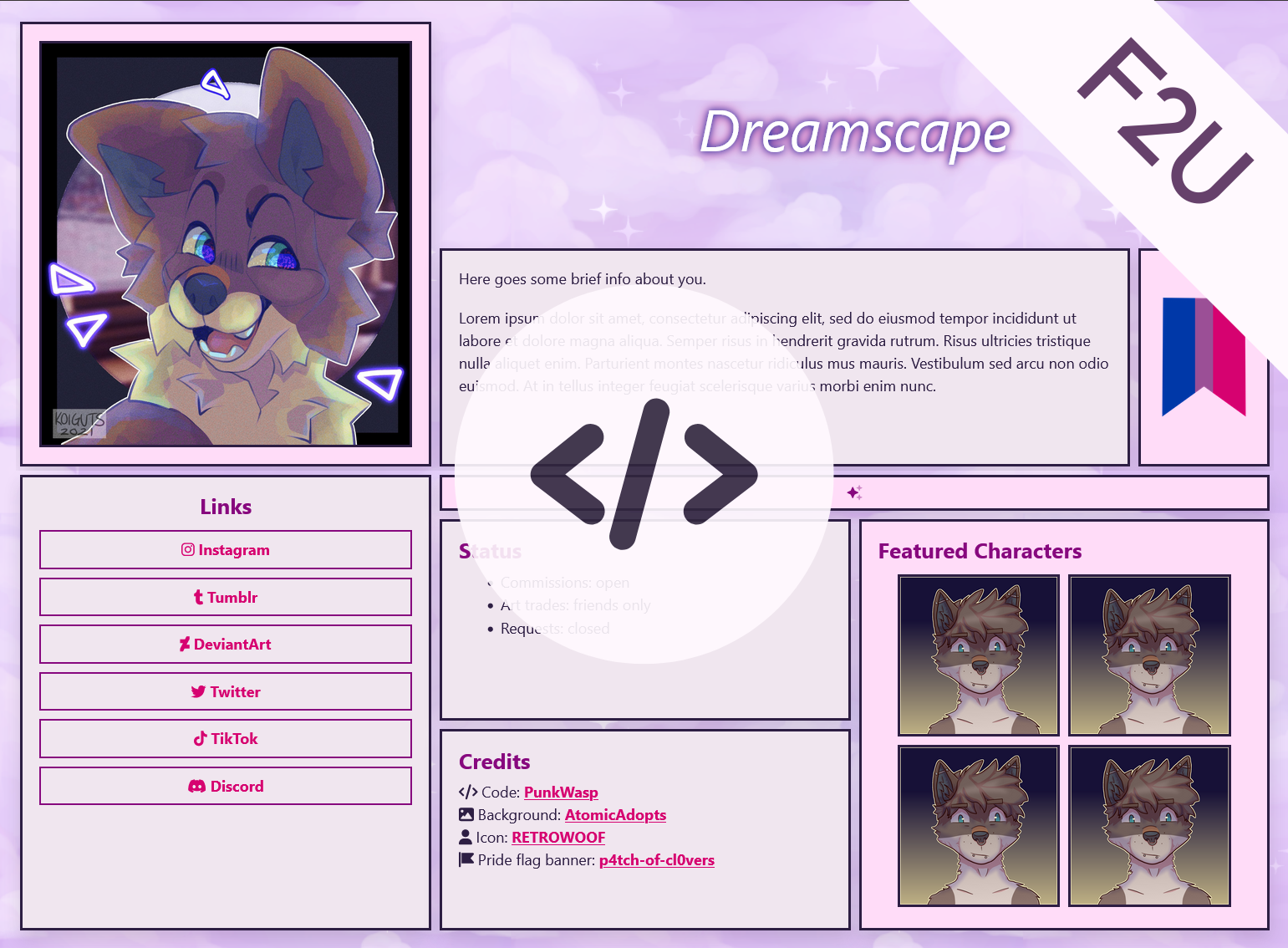 Dreamy-themed HTML layout for Toyhouse.