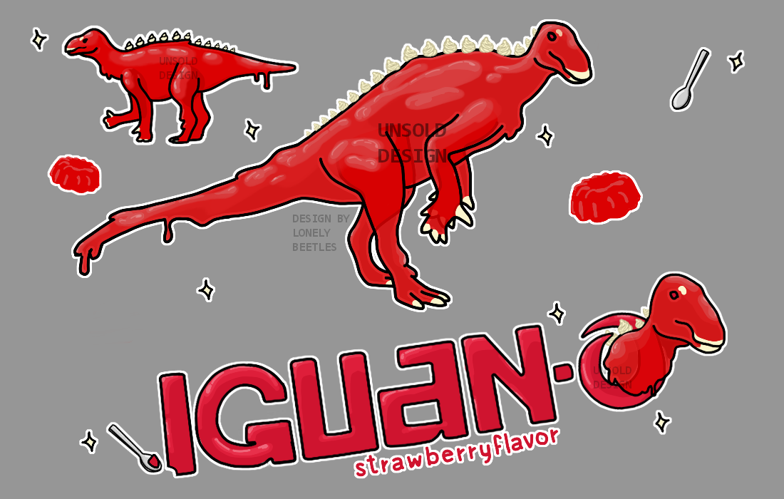 A red iguanodon made out of classic strawberry jell-o. The spines on their back are made out of whipped cream, and their body is overall transparent like jello.