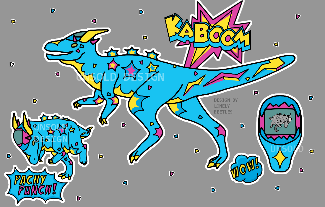 A light blue pachycephalosaurus, which has a tamagotchi screen instead of a normal domed head. It is covered in star and lightning shaped decals, which are yellow, darker blue, or bright pink.