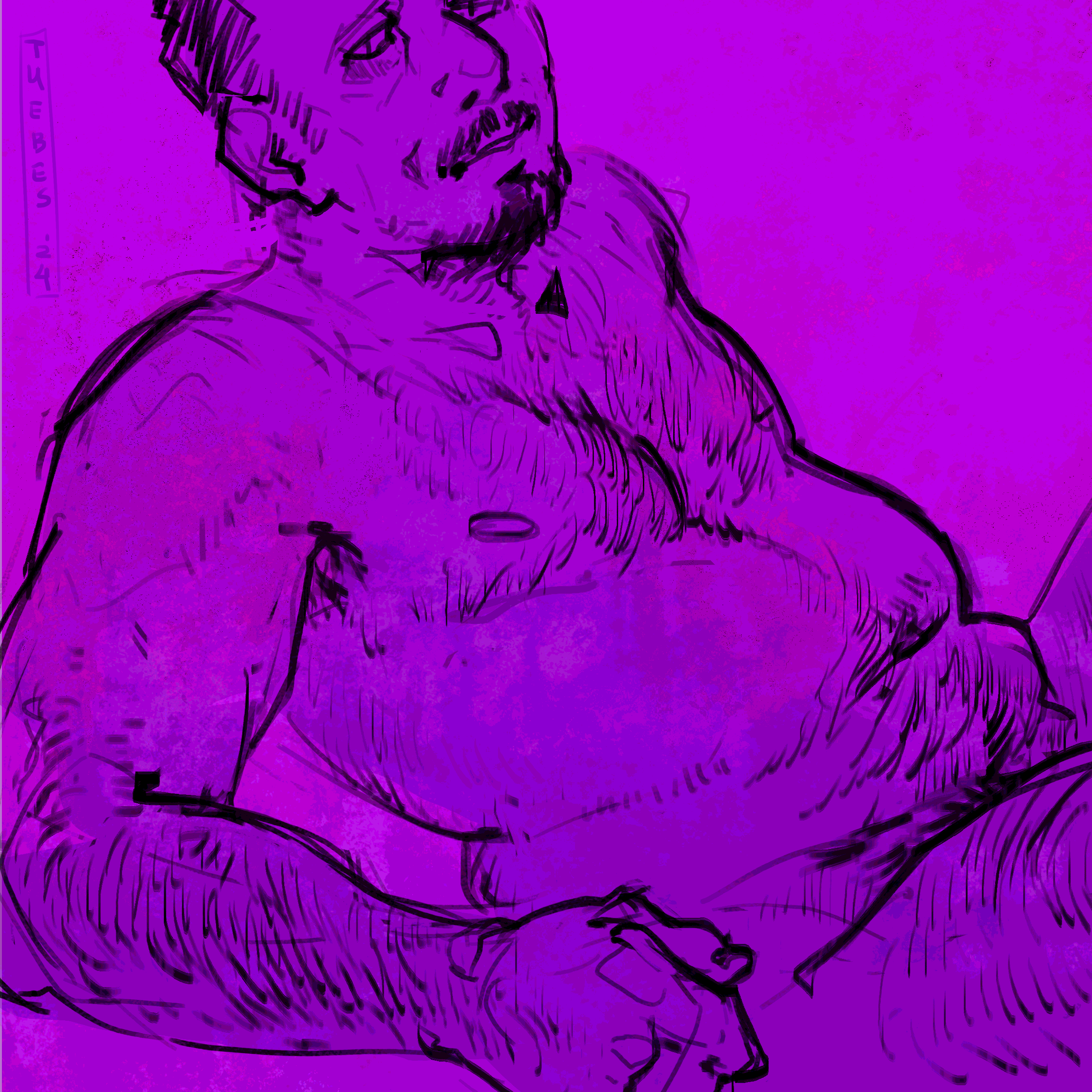 a purple and black sketch of a nude character with meaningful amount of body hair launging about