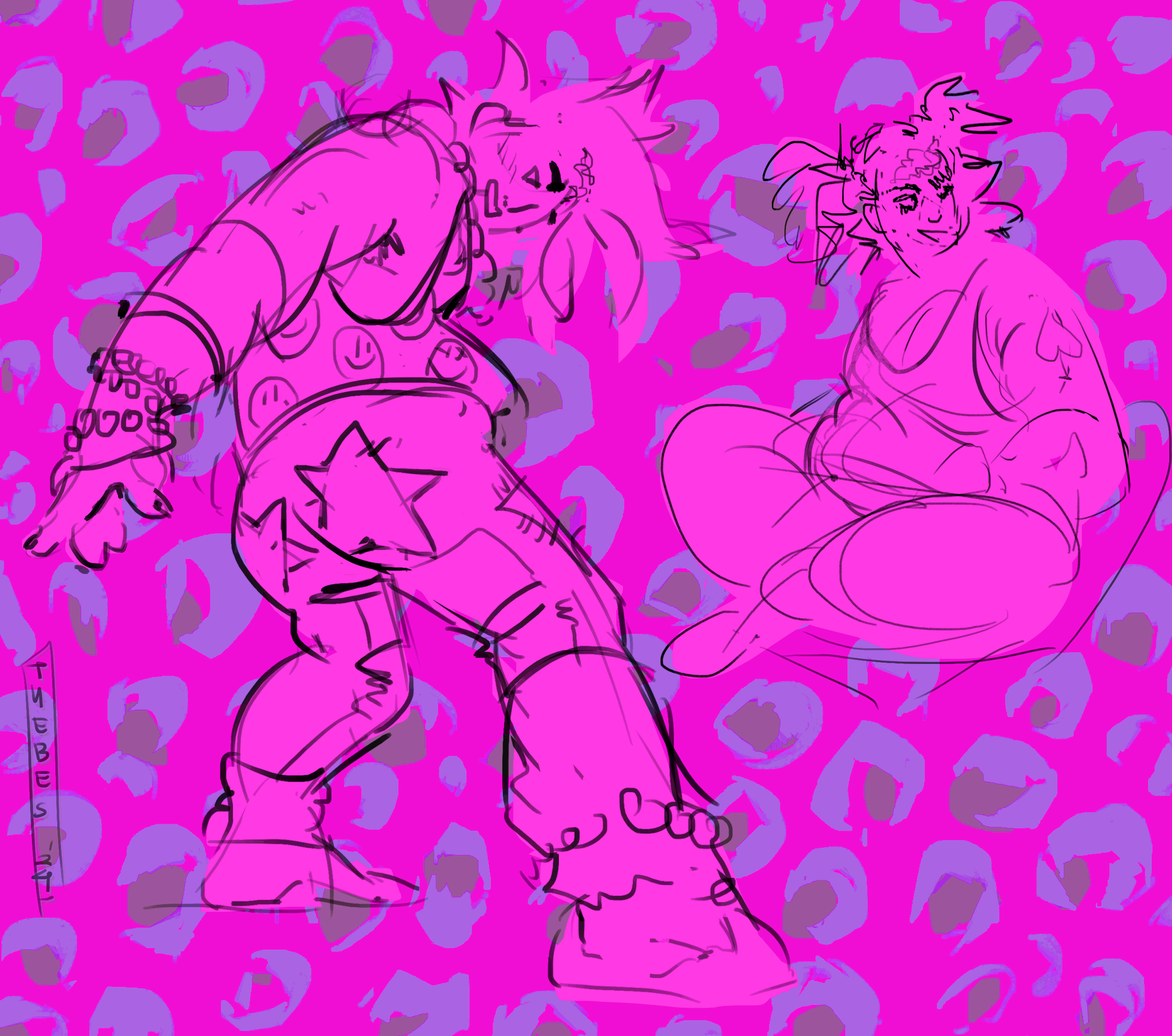 two sketches of a standing and sitting character against neon pink leopard print