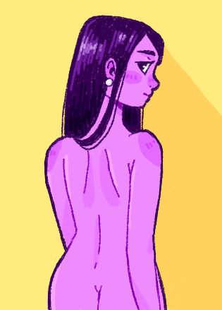 Dibujo de una mujer desnuda de espaldas. Su piel es de color morado, y el fondo es amarillo. Parece tímida e incómoda.