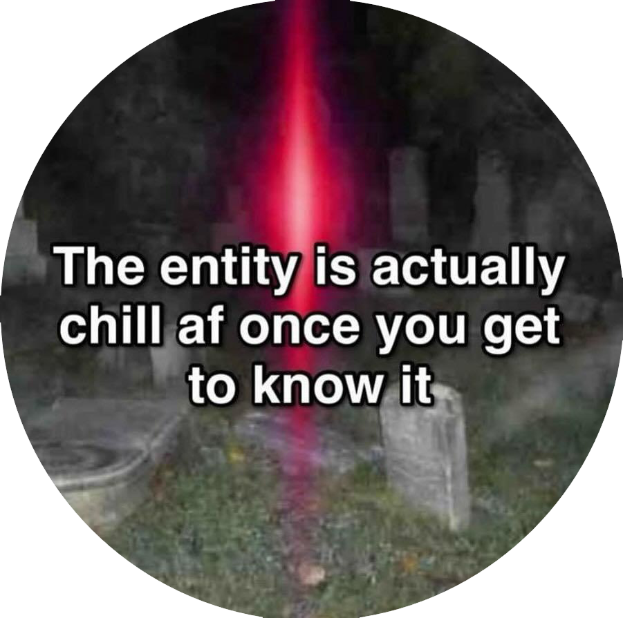 Foto de una luz roja misteriosa en un cementerio de noche, el texto dice 'The entity is actually chill af once you get to know it'