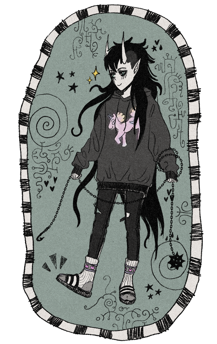 Fast digital drawing of Gabriel smiling, he has a black hoodie with a pony, sweatpants, socks and sandals, he is holding a chain with a fishhook and a ball with spikes on each end, all around are doodles, hearts and little stars.