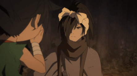 Gif of Hyakkimaru expressionless and confused because Dororo just put a giant bow on his head (he's blind), and he touches the bow trying to feel what it is, while Dororo laughs backwards in the foreground.