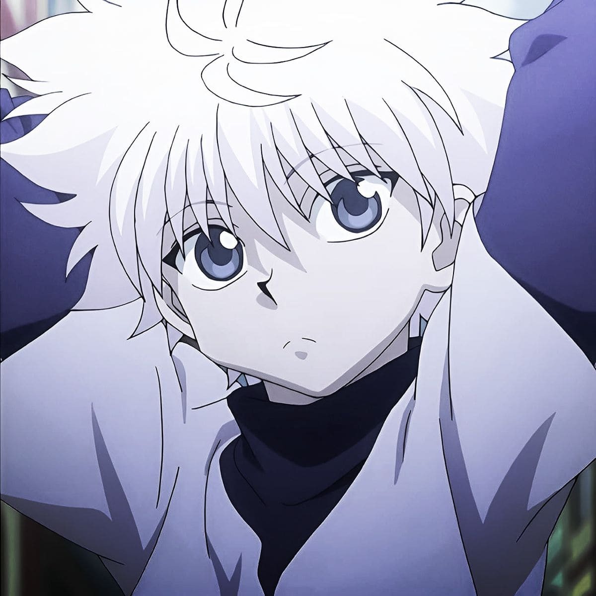 Capture of Killua looking straight ahead, hands behind his neck, relaxed and expressionless.