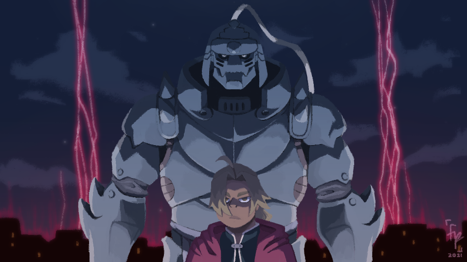 slide. A screenshot redraw of a frame in Fullmetal Alchemist Brotherhood, of Ed standing with Al behind him, red streaks of lightning ominous in the darkness of night