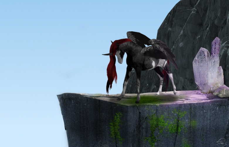 A photo manipulation of a a black alicorn on a cliff with a huge crystal behind it