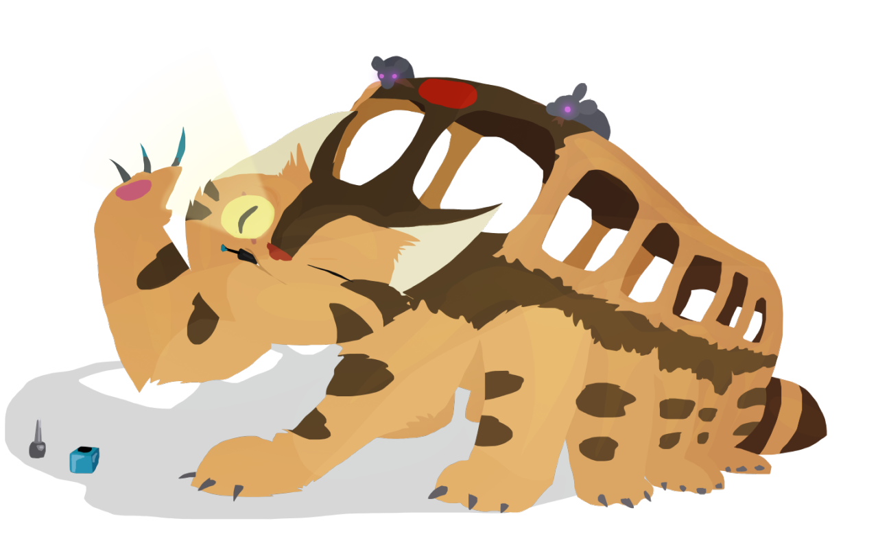Lineless drawing of the Cat Bus checking out a freshly painted claw