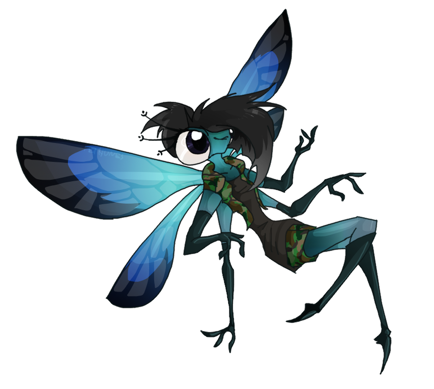 An anthropomorphic dragonfly wearing camo print