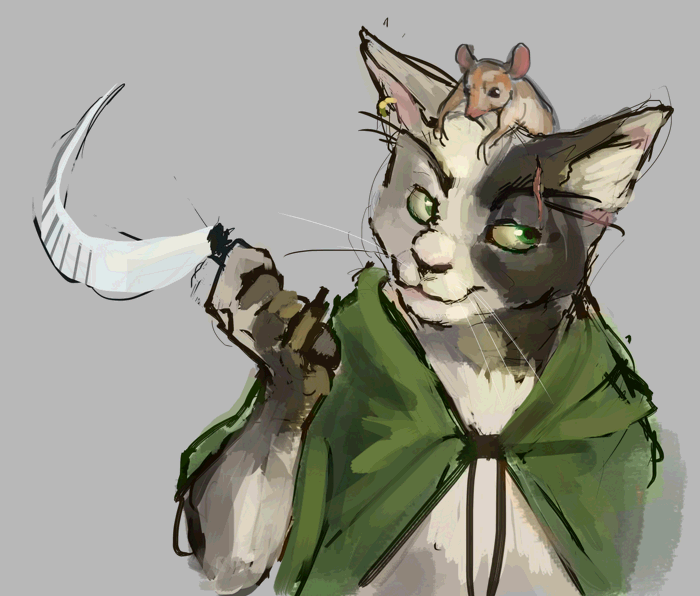 An anthropomorphic calico cat holding a sickle