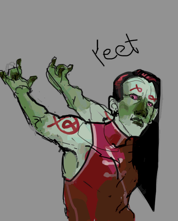 A green person with straight black hair throwing their arms back saying 'yeet'