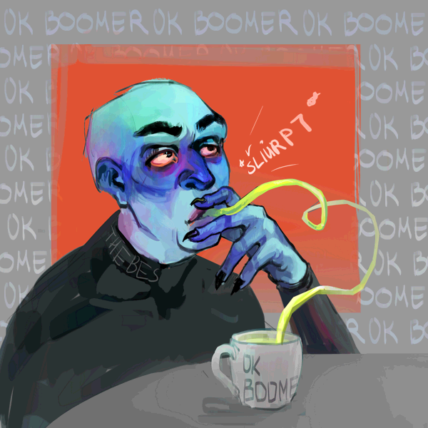 A blue-skinned bald person sipping out of a cup with a silly straw