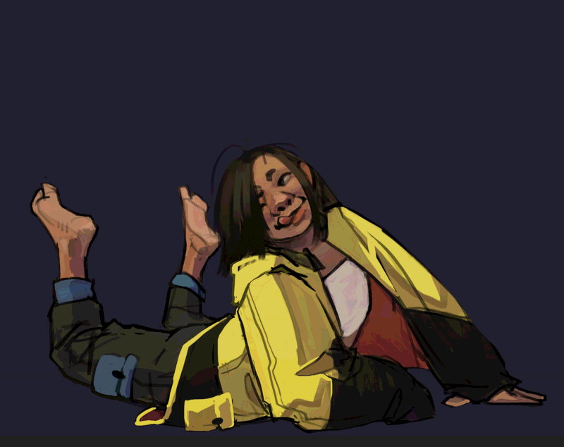 An olive skinned character with a neon yellow jacket laying on the floor with their feet up