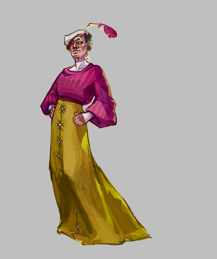 A character with a magenta sweater and a metallic gold maxi skirt