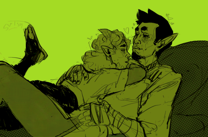 An orc and their partner cuddling