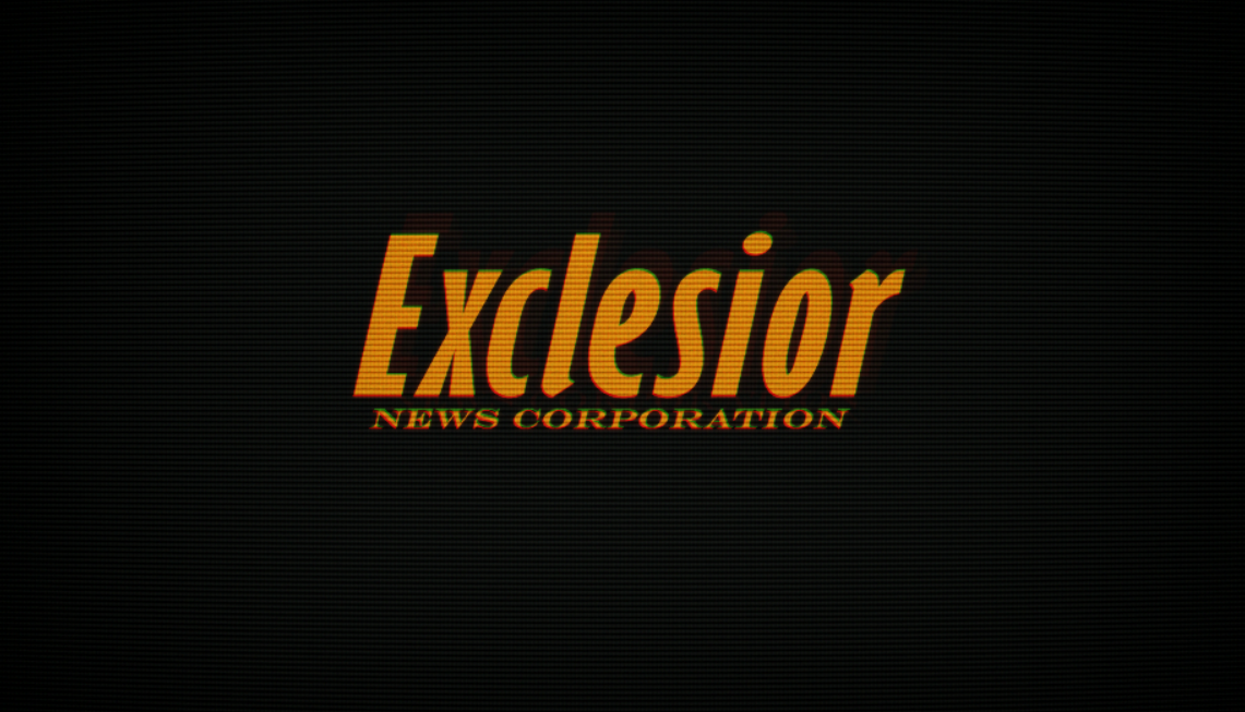 bolded exclesior news corporation logo in yellow text on black vhs background