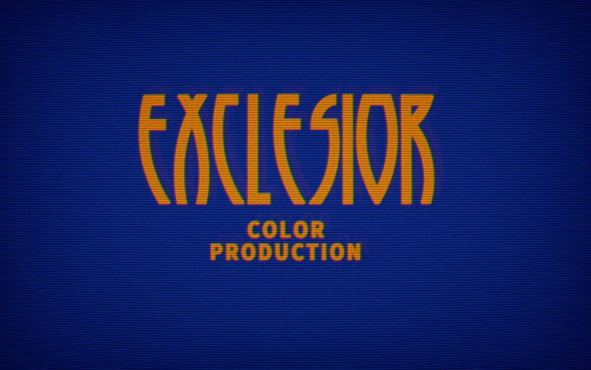 bolded exclesior news color production in yellow text on a blue vhs background