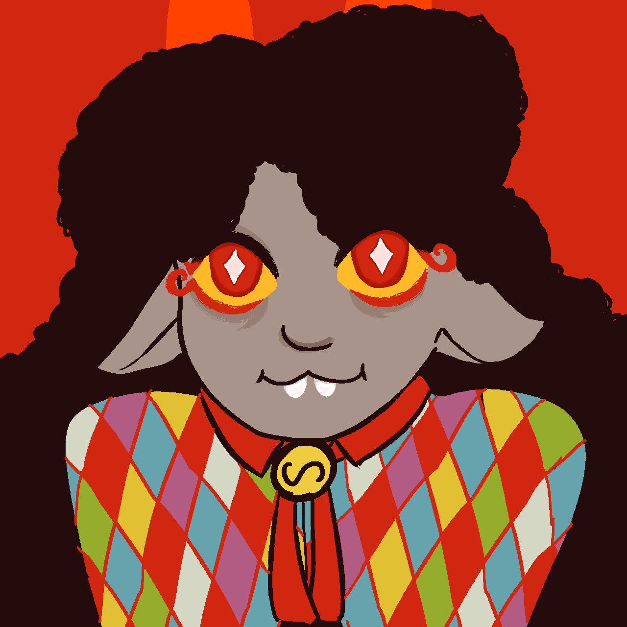 Headshot of Faloolon a red background. She has very curly hair.