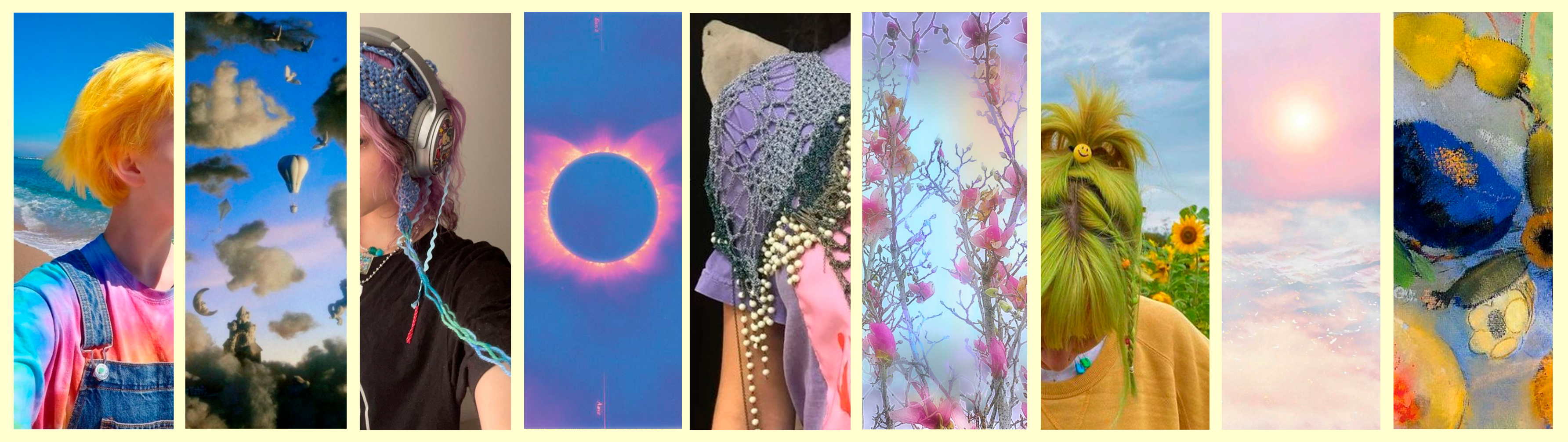 Photo collage of clothes, haircuts, flowers, a solar eclipse, a sunrise on the beach and clouds, representing Nethamet's style.