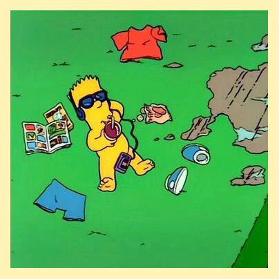 Screenshot of Bart Simpson naked in sunglasses, drinking soda on the grass surrounded by comics and his stuff.