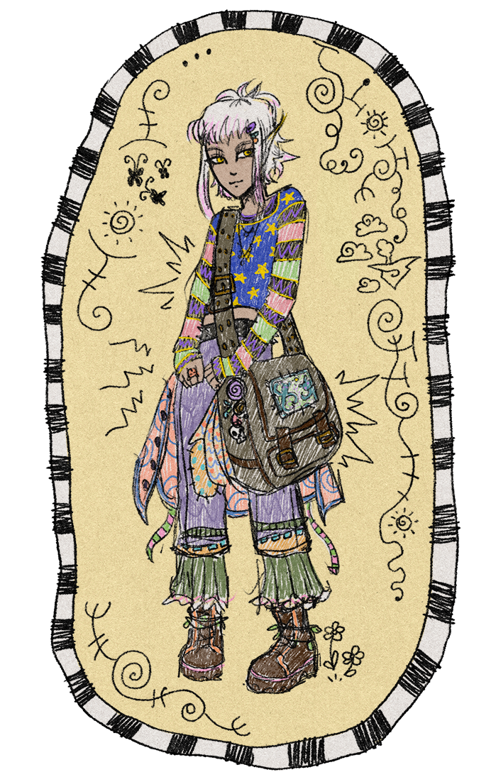 Ilustración sencilla de Nethamet usando ropa de colores en un estilo bizarro y creativo.