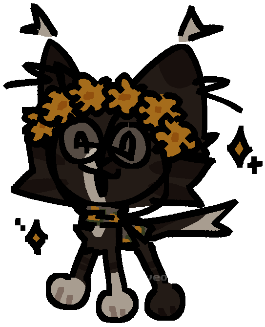 a small drawing of a brown tabby not-cat with white markings on the left part of their muzzle which goes down their chin and chest, their front paws, their tail, and the tufts on their ears. they're wearing a pair of round glasses, a crown of dandelions, and a tan floral print scarf. they have yellow sparkles around them