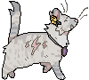 digital artwork of the same cat. This is a small pixel drawing of xem facing right, stepping forward. Xe's smiling with an open mouth.
