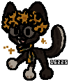 a small pixel drawing of a brown tabby not-cat with white on the left part of their muzzle which goes down their chin and chest, their front paws and their tail. they're wearing a pair of round glasses, a crown of dandelions, and a tan floral print scarf. they have yellow sparkles around them. the numbers "16225" are written next to the base of their tail