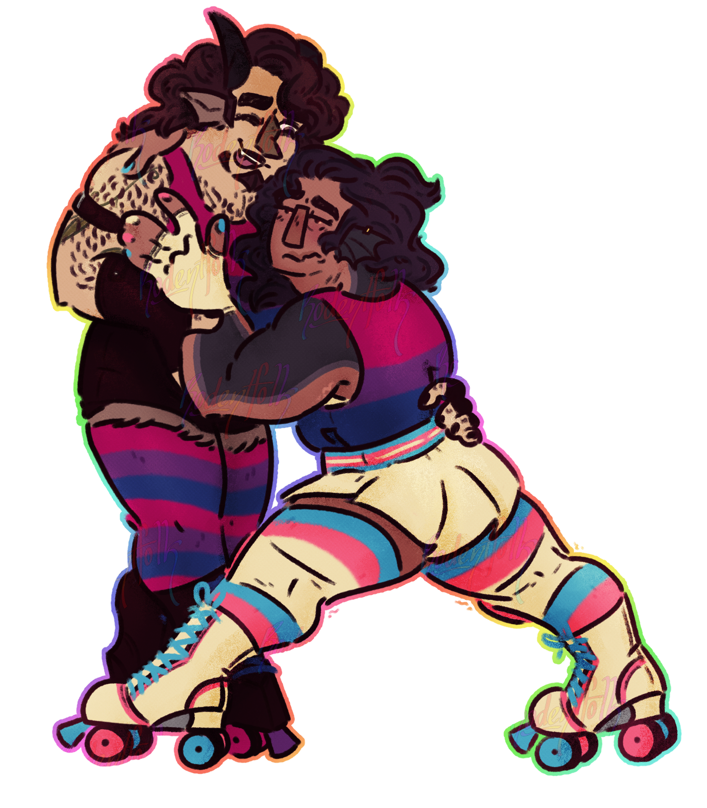 It is an illustration of the artist's characters, Monty and Beatrice. They are roller skating. Monty is helping Beatrice up as she almost slides to the floor.