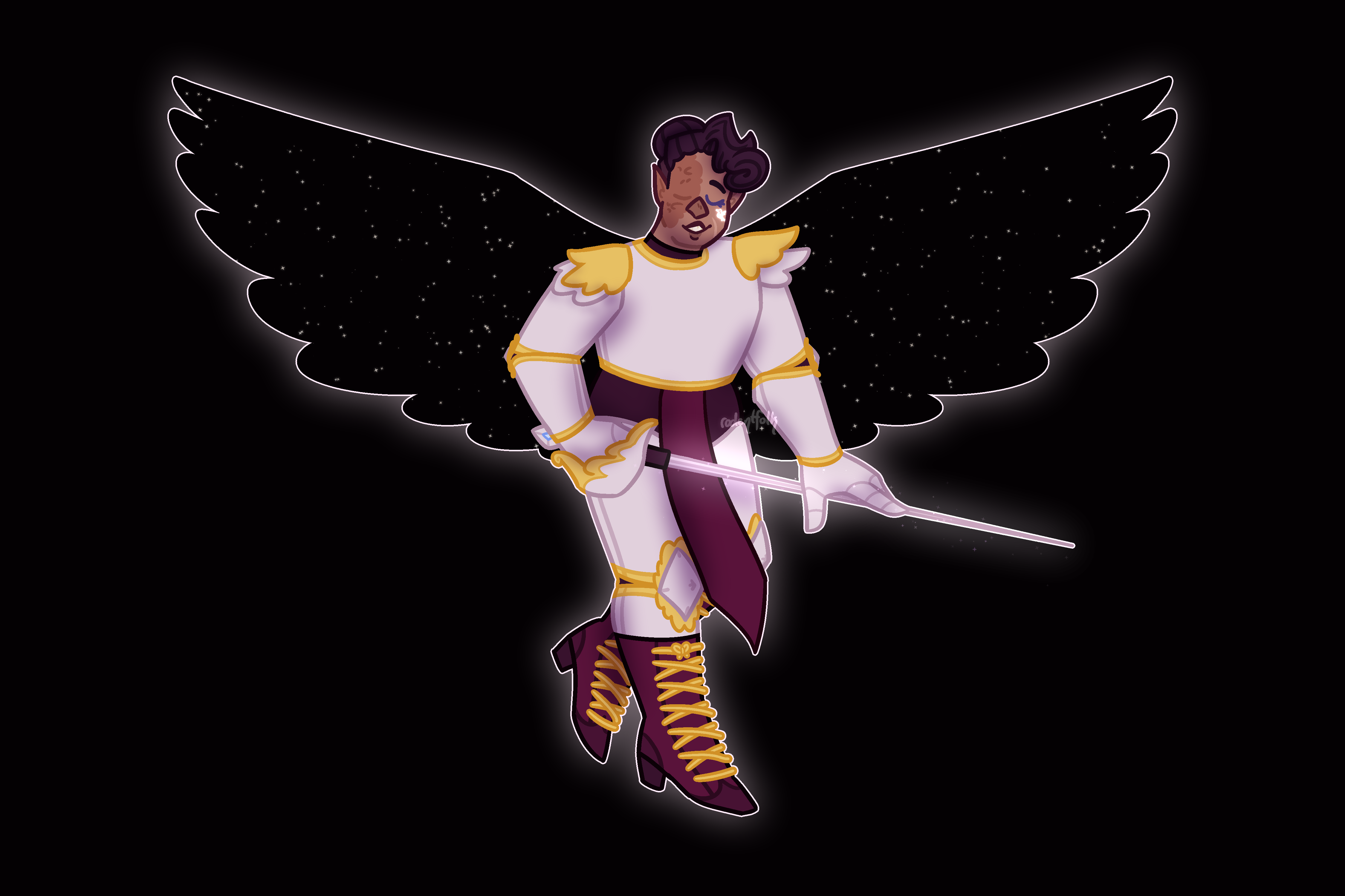 It is a drawing of the artist's character, Nebula. She is dressed in full plate armour with golden decoration on the shoulders and knees. The non-armour parts of her attire are dark magenta. She has a set of large black wings with stars inside them behind her.
