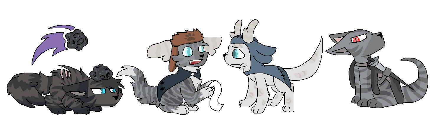 An image of four not-cats, to the far left is a Dark-grey almost brown cat with strikes and long hair. It has a meteorite on its head. Next to it is a marbled calico, with grey and light grey, marbling markings that change color slightly depending on which side of the calico marking its on. It wears a Nestor Appreciation cloak, along with a hunter's hat. It has a white belly, Paws, and Tail tip. The third not-cat is almost pure white, with small patches of a cream with light brown stripes on these patches of cream. It wears a Lulu appreciation cloak. The fourth not cat, on the far right, is a dark grey and light grey calico, with stripes instead of marble patterns. It has a hunter's cloak and a sheathed rapier.