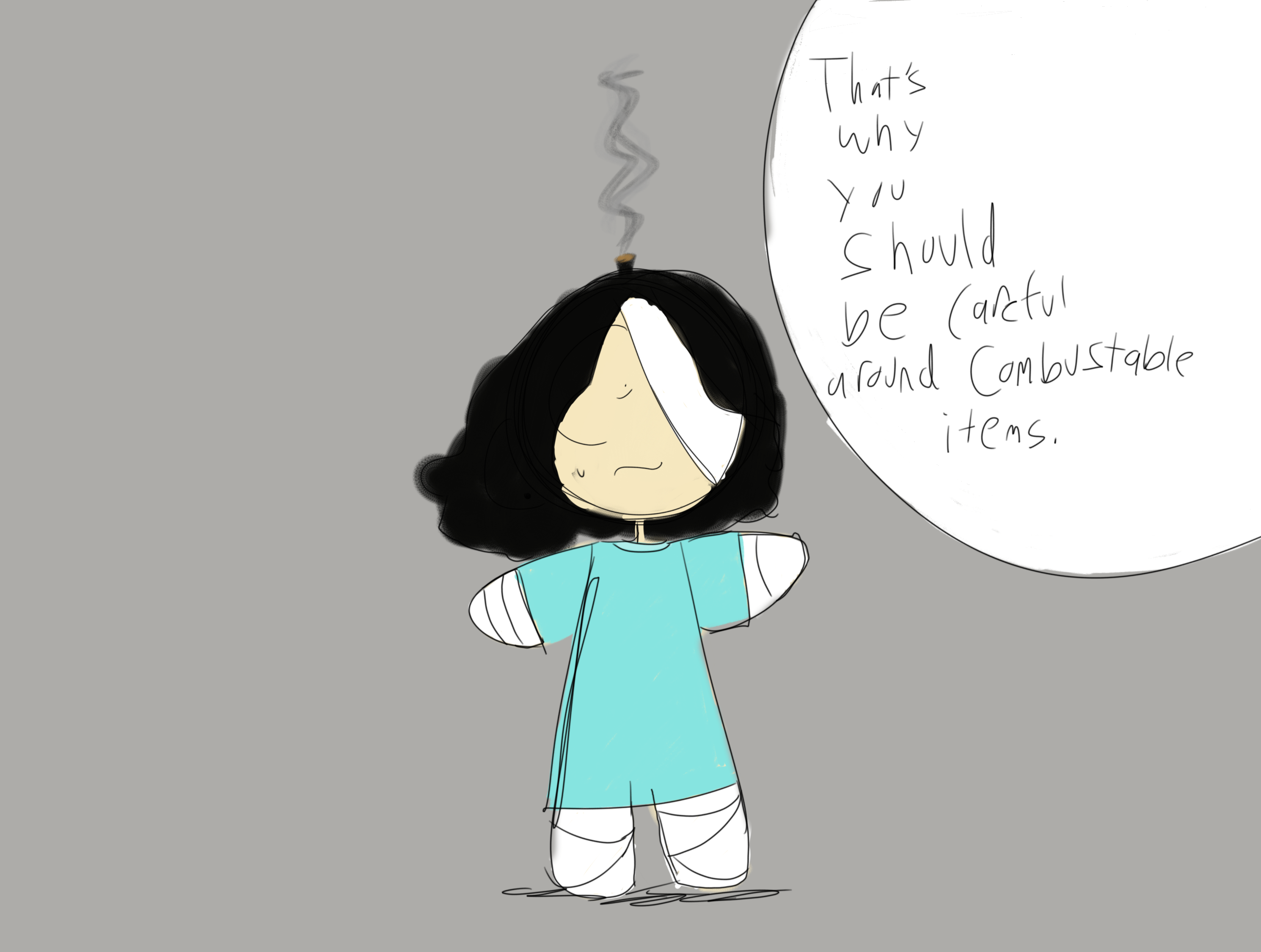 A young Garcia. He is injured, with a bandage wrapping one of his eyes. The top of his head resembles a bomb fuse and has a small light. A text bubble from another character says 'That's why you should be careful around combustible items'.