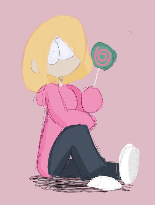 Ellie, holding a green lollipop.