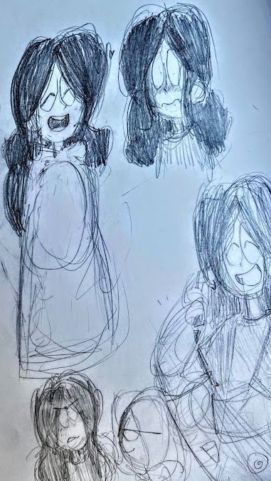 A sketch page with multiple Garcias. One is wearing Ellie's hoodie. Another is wearing candy printed pants. A third has a flustered Garcia. The last one has Garcia annoyed by Ellie's antics.