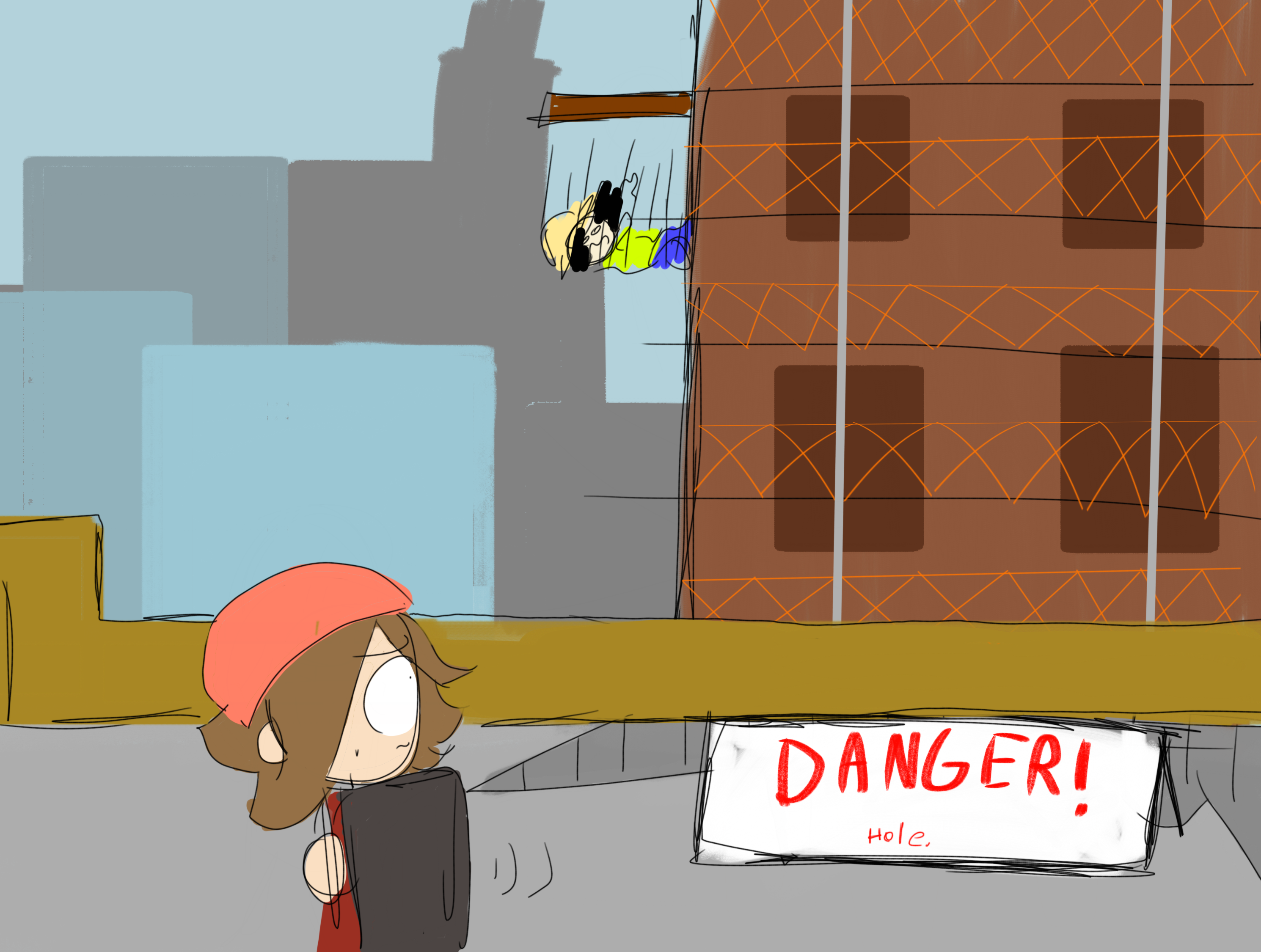 Clyde looking nervously at a nearby construction project. A person is falling off the edge.