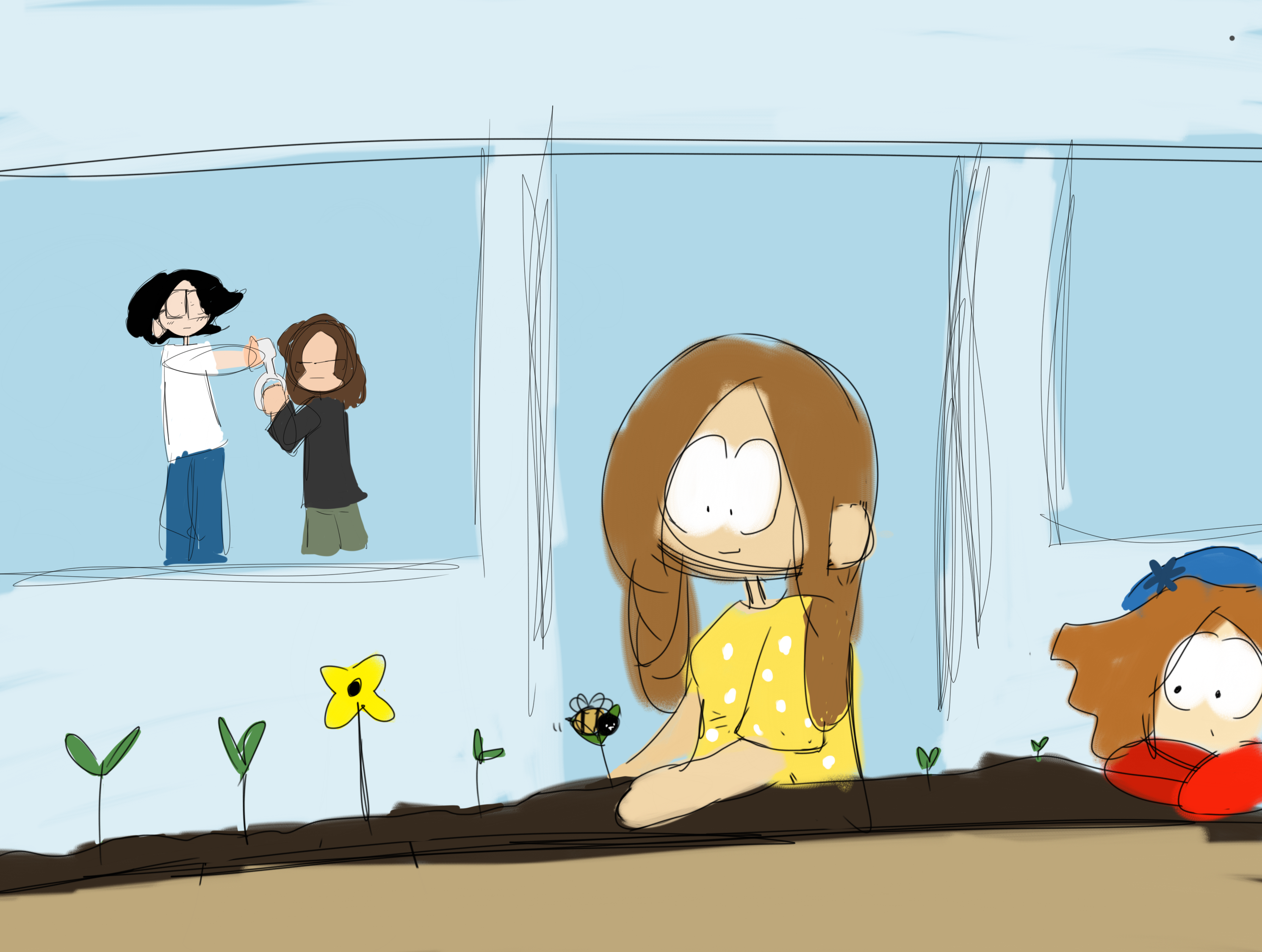 Clyde watches his mom work on a garden, while his sibling bandages dad's arm. Their dad is in awe of their mom, and Astrid is clearly annoyed.