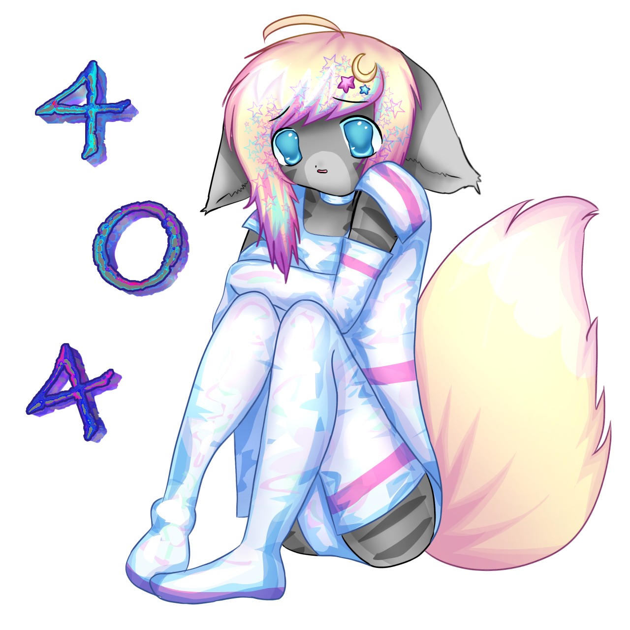 a fullbody of raynyan, sitting and looking afraid, wearing a space themed outfit, with large numbers next to him that say 404