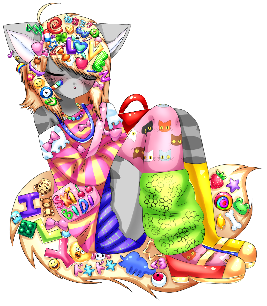 a fullbody image of raynyand sitting and aslep, dressed in decora getup, very accessorized