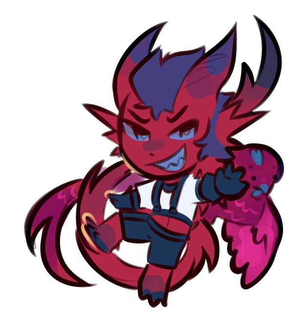 A chibi of Tynkakota, a humanoid alien with horns, spiked ears, a long tail with spikes, and red skin that gradients into purple at the ends of her horns and tail. She has purple hair and blue eyes and teeth. She is wearing a white shirt with blueish-black gloves and shorts. Behind her is a chicken version of her.